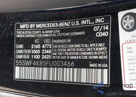 2015 Mercedes-Benz C 300 4Matic from USA, damaged, VIN 55SWF4KB5FU003466